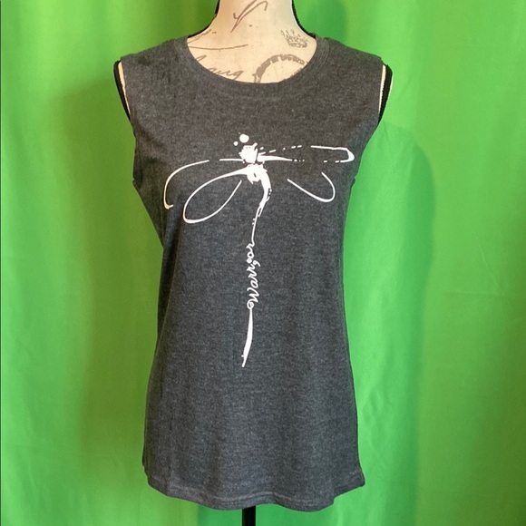 Tops - Heather Gray Sleeveless Top with Dragonfly Design